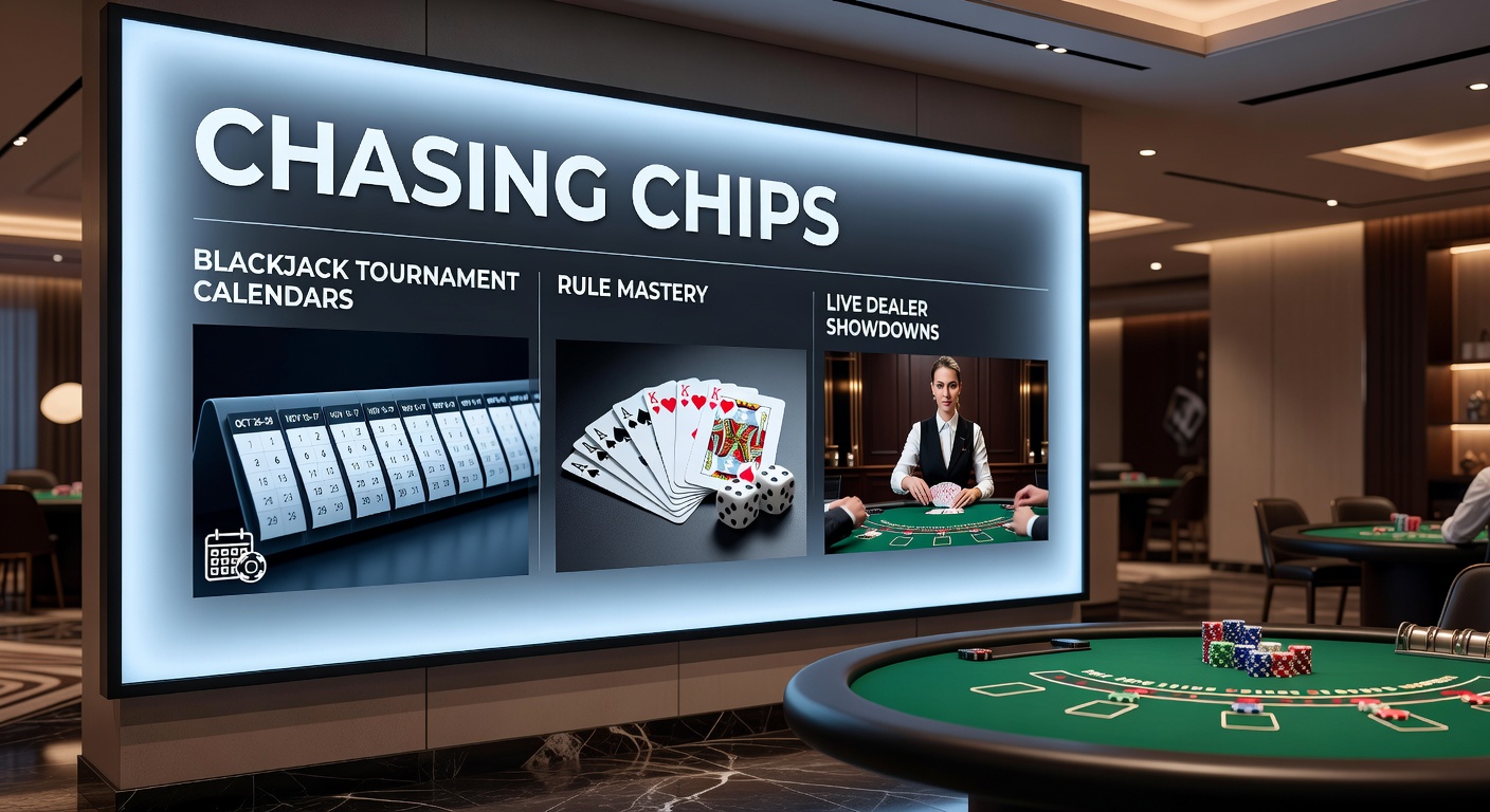 Spieler am Blackjack-Tisch in einem intensiven Turnier, Stapel von Chips im Vordergrund