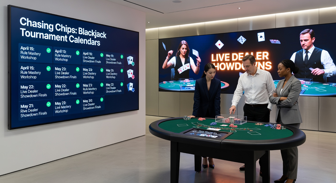 Live-Dealer-Setup bei einem Online-Blackjack-Turnier, Bildschirme mit mehreren Spielern und Dealer am Tisch