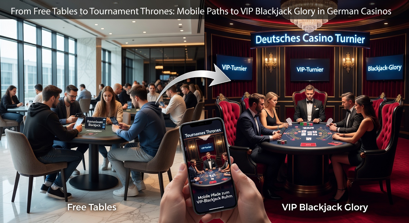 VIP-Blackjack-Tisch mit High-Stakes-Chips auf Smartphone-Bildschirm, umgeben von Turnierpokalen