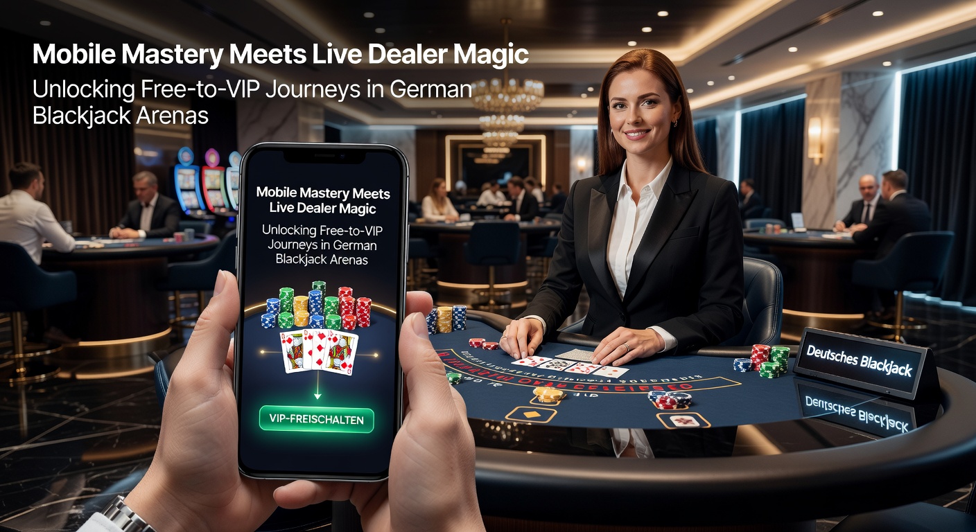 Smartphone mit Live-Blackjack-Tisch und Dealer auf dem Bildschirm, umgeben von VIP-Elementen wie goldenen Chips und Treppen zum oberen Level