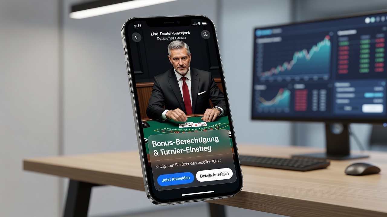 Live-Dealer-Blackjack-Tisch mit mobiler Turnier-Übersicht und Bonus-Statusanzeige