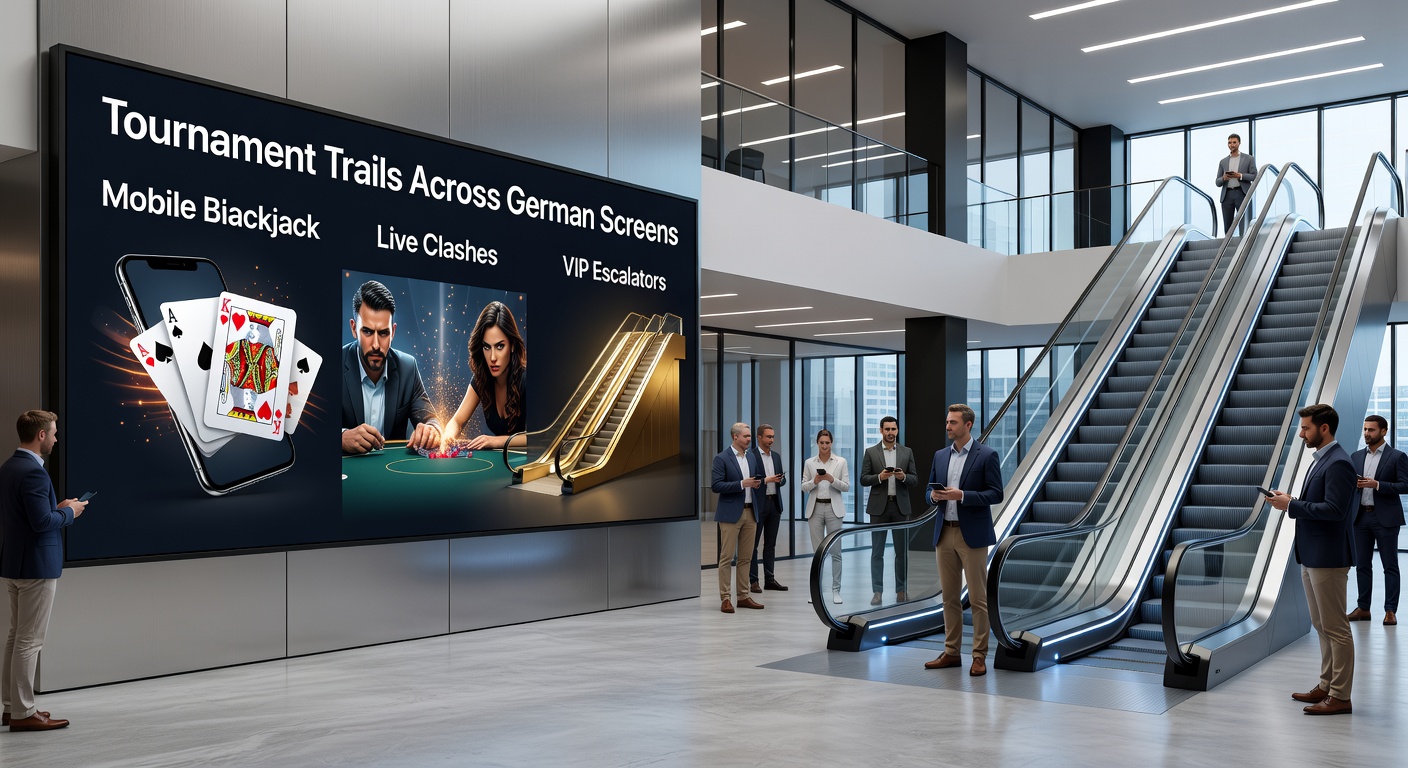 Live-Dealer-Tisch in einem hochmodernen Studio, umgeben von Bildschirmen mit Turnier-Scoreboards und jubelnden Spielern